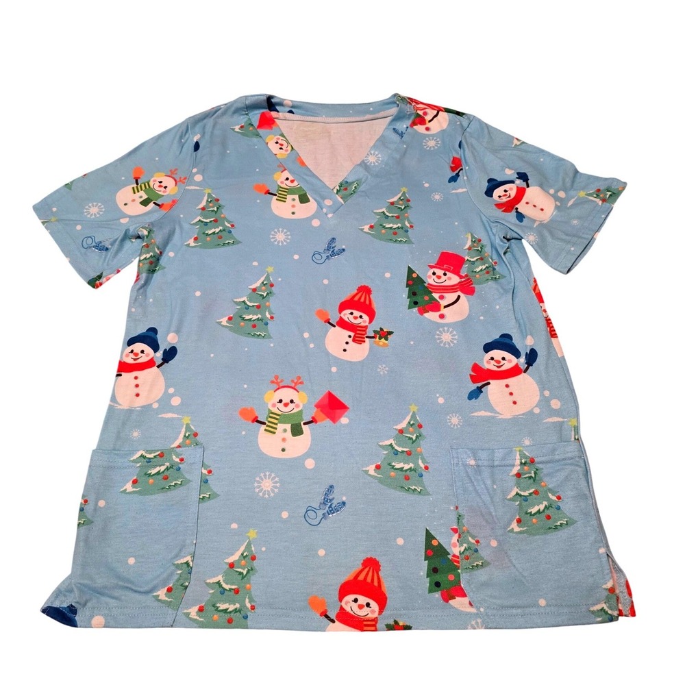 Women's Size‎ Small Christmas Snowman Print Scrub Top, Excellent Condition